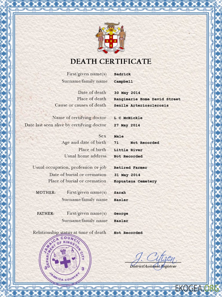 Modèle PSD de certificat de décès de la Jamaïque